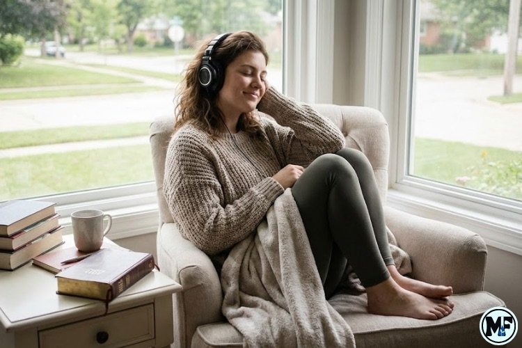 Mercy to Faith blog Images - Young Lady Listening to Music and Practising Self-Care at Home