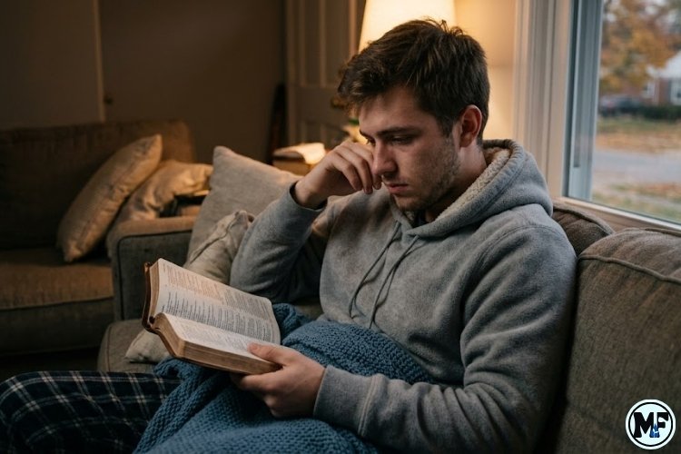 Christian Guy Reading Scriptures About Healing and Strength